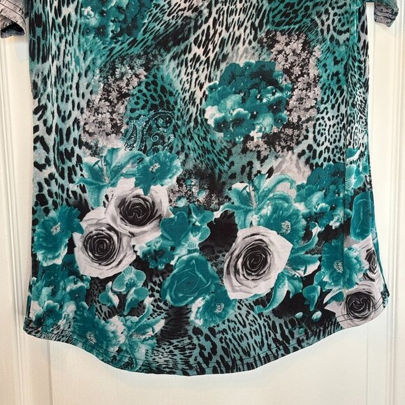 Vintage Teal and Grey Floral Leopard Print Top Size M - Picture 3 of 7